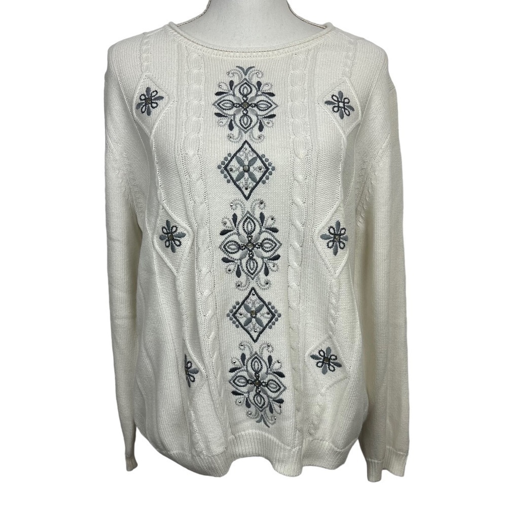 ALFRED DUNNER Women’s Pullover Sweater Sz Medium Ivory Embroidery/Studs